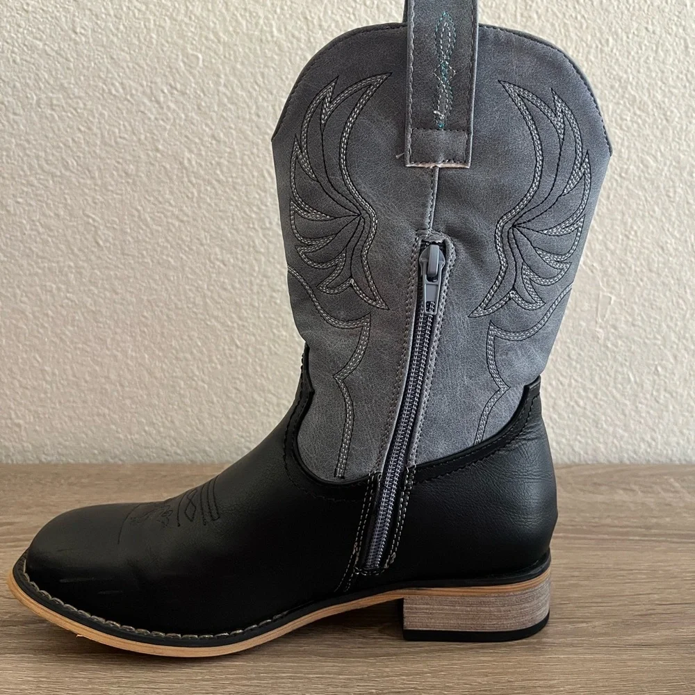 Vodvob Unisex Kids Boots 3 Black/blue Zip Pull on Western Rodeo Cowboy Cowgirl